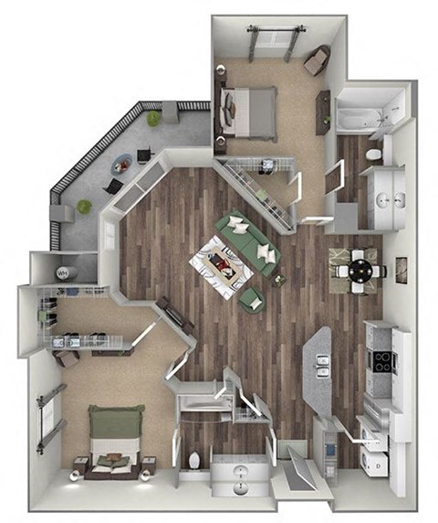 Willow Springs Apartments floor plan B2 Cambridge 2 bed 2 bath 3D